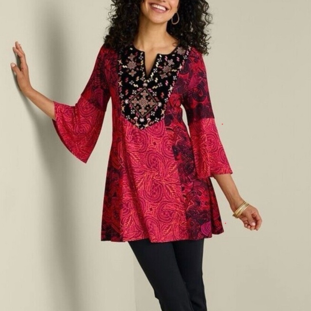 Soft Surroundings Red, black and pink tones embroidered knit Tunic size L